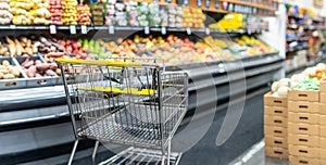 Empty shopping cart at a supermarket produce and fruit  department photo