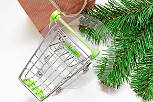 Empty shopping cart, trolley on white background with craft paper shopping bag and green decorated fir tree branches