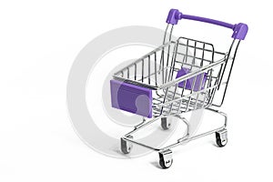 An empty shopping cart on a white background. Copy space. The end of food shortages and hunger