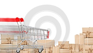 Empty shopping driving fast and parcel boxes. Fast delivery and shopping