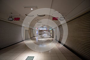 Empty shopping mall corridor during closing hours