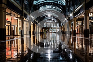 an empty shopping mall at night