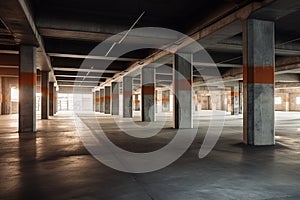 Empty shopping mall underground parking lot or garage interior with concrete stripe painted columns created by generative AI