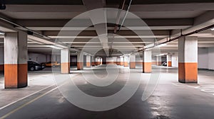 Empty shopping mall underground parking lot or garage interior with concrete stripe painted columns. Generative Ai