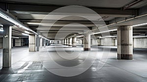 Empty shopping mall underground parking lot or garage interior with concrete stripe painted columns. Generative Ai