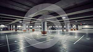 Empty shopping mall underground parking lot or garage interior with concrete stripe painted columns, generative ai