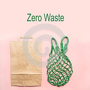 Empty shopping paper and textile bag on pink. Zero waste. No plastic