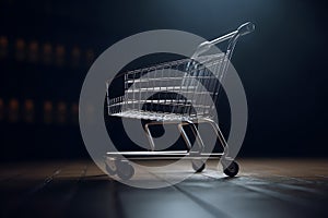 Empty shopping trolley on blurred background. Four wheel grocery cart in the spotlight