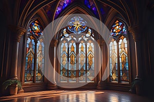 An empty side chapel with three big stained glass arches, made out of cocobolo wood