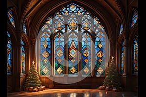 An empty side chapel with three big stained glass arches, with two Christmas trees