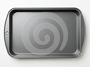 Empty silver rectangular baking tray with handles isolated on white background