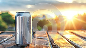 Empty silver soft drink aluminum can mockup on abstract background with copy space for text