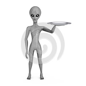 Empty Silver Tray in Hand of Scary Gray Humanoid Alien. 3d Rendering