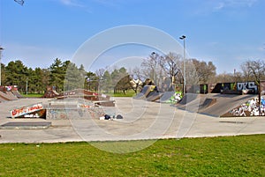 Empty Skate Park in Early Spring - All sorts of ramps
