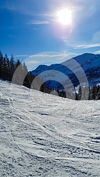 Empty Ski Slopes on Snowy Mountains