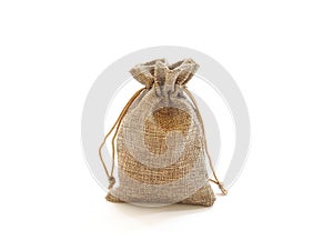Empty small cotton bag with string on white background