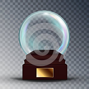 Empty Snow Globe Vector. Shadows, Reflection And Lights. Glass Sphere On A Stand. Isolated On Transparent Background