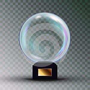 Empty Snow Globe Vector. Shadows, Reflection And Lights. Glass Sphere On A Stand. Isolated On Transparent Background