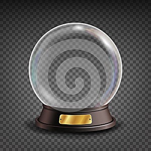 Empty Snow Globe Vector. Shadows, Reflection And Lights. Glass Sphere On A Stand. Isolated On Transparent Background