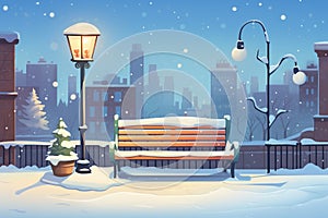 empty snow-laden bench with street lamp above, glowing softly at dusk