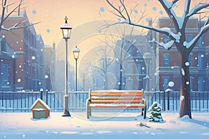 empty snow-laden bench with street lamp above, glowing softly at dusk