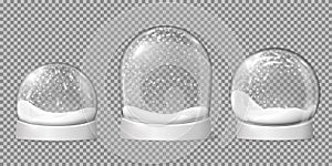 Empty snowballs. Snow globe, spherical shape glossy dome. Holiday bowl on base and snowflakes inside, christmas toys