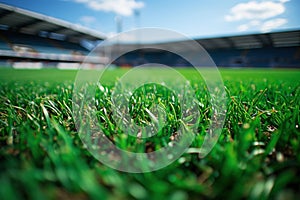 An empty soccer stadium with fresh green grass and blue sky. Football terrain