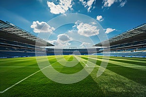 An empty soccer stadium with fresh green grass and blue sky. Football terrain