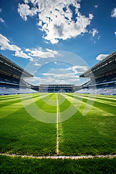 An empty soccer stadium with fresh green grass and blue sky. Football terrain