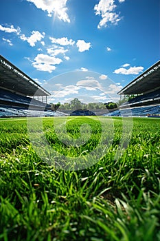 An empty soccer stadium with fresh green grass and blue sky. Football terrain