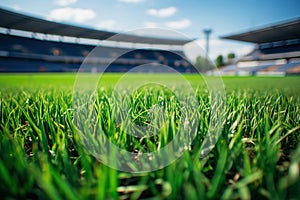 An empty soccer stadium with fresh green grass and blue sky. Football terrain