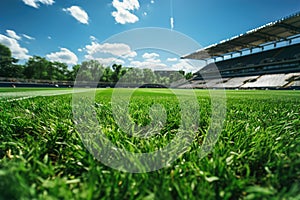 An empty soccer stadium with fresh green grass and blue sky. Football terrain