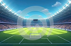 Empty soccer stadium under a clear blue sky. Crowdless arena with a vibrant green field. Modern stadium design with bright photo