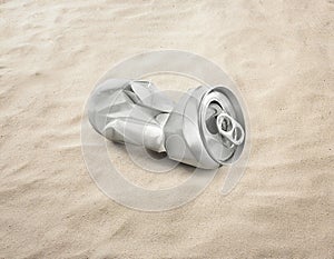 Empty soda or beer cans Crushed waste can be recycled on the sand, beach, sea