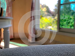 Empty sofa with blurred background with window and garden