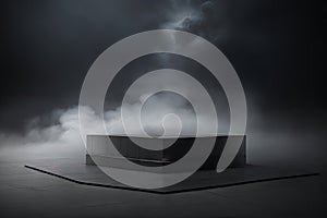 Empty space of Round white podium or pedestal in studio dark room with smoke and spotlight.