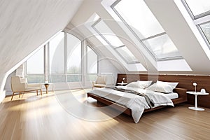 Empty Spacious Loft Bedroom with Natural Light and Sleek Design - 3D Render AI Generative