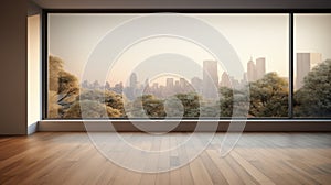 Empty spacious room with day cityscape window view ai generated background image