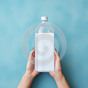 Empty Sparkling Water Bottle Mockup With Woman\'s Hand On Blue Background