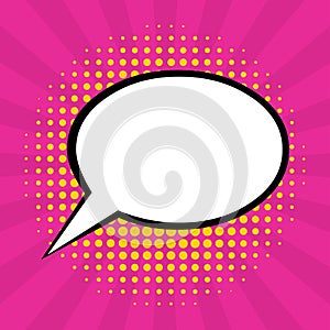 Empty speech bubble with pink  sunburst and yellow halftone background for pop art comic vector illustration