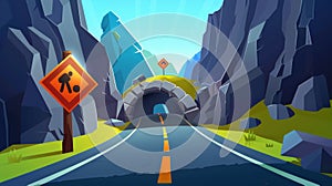 An empty speed highway running through a forest in a perspective view. Cartoon road going through a mountain tunnel.