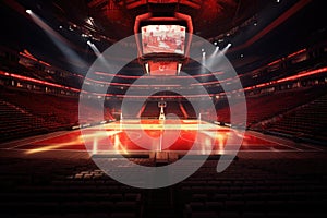 Empty sports arena with red seats and spotlights. 3D rendering, AI Generated