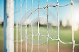 Empty, sports and goal post on soccer field for fitness training, exercise or workout outdoors. Football club, grass