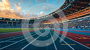 An empty sports stadium with a track and field, a wide-angle view of an outdoor running track in the center.