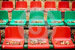 Empty sports stands with red and green seats on an autumn day