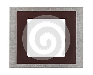 Empty square aluminium photo frame with wide brown border isolated on white background