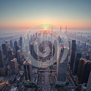 Empty square floor and city skyline with modern buildings at sunrise in Shanghai, China. High Angle view. made with