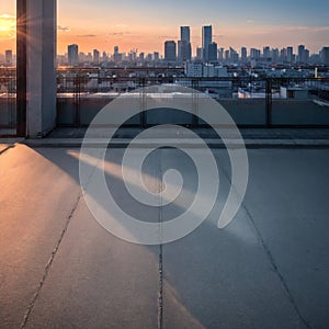 an empty square floor and city skyline with modern buildings at sunset.