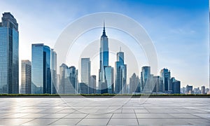 Empty square floor and modern city skyline with buildings AI generated