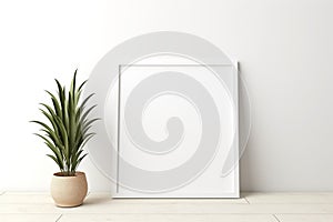 Empty square frame mockup in the modern minimalist interior over white wall background